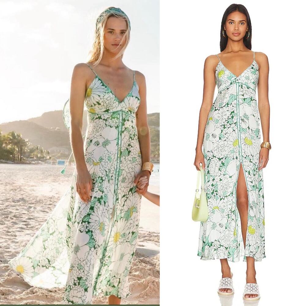 Poupette St. Barth Long Denise Green Floral Printed Sleeveless V Neck Dress M